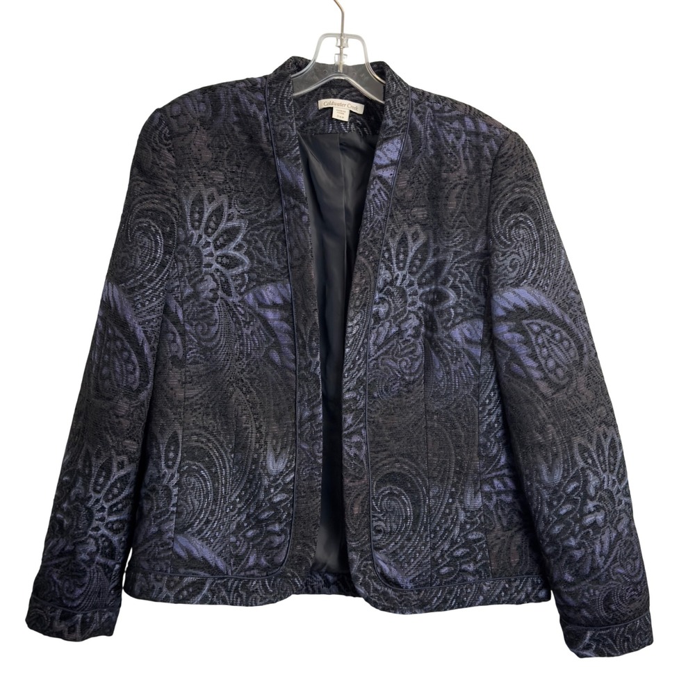 Coldwater Creek‎ Womens Navy Blue Black Paisley Brocade Open Front Jacket S 6-8